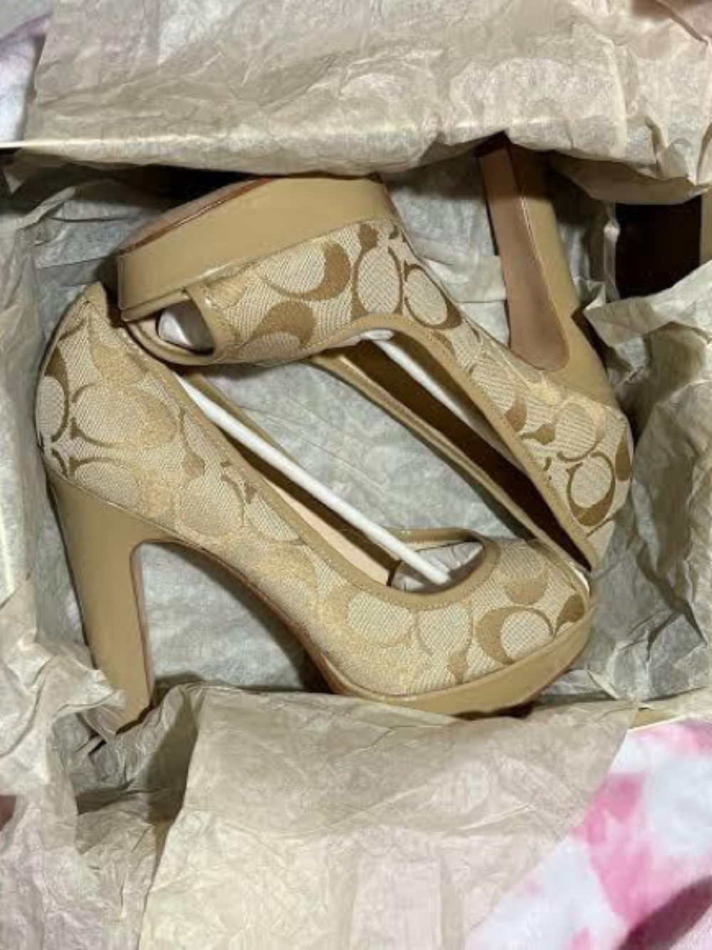 Coach Breana Signature Canvas Peep-Toe Platform Pumps in Light Khaki Sand 7.5